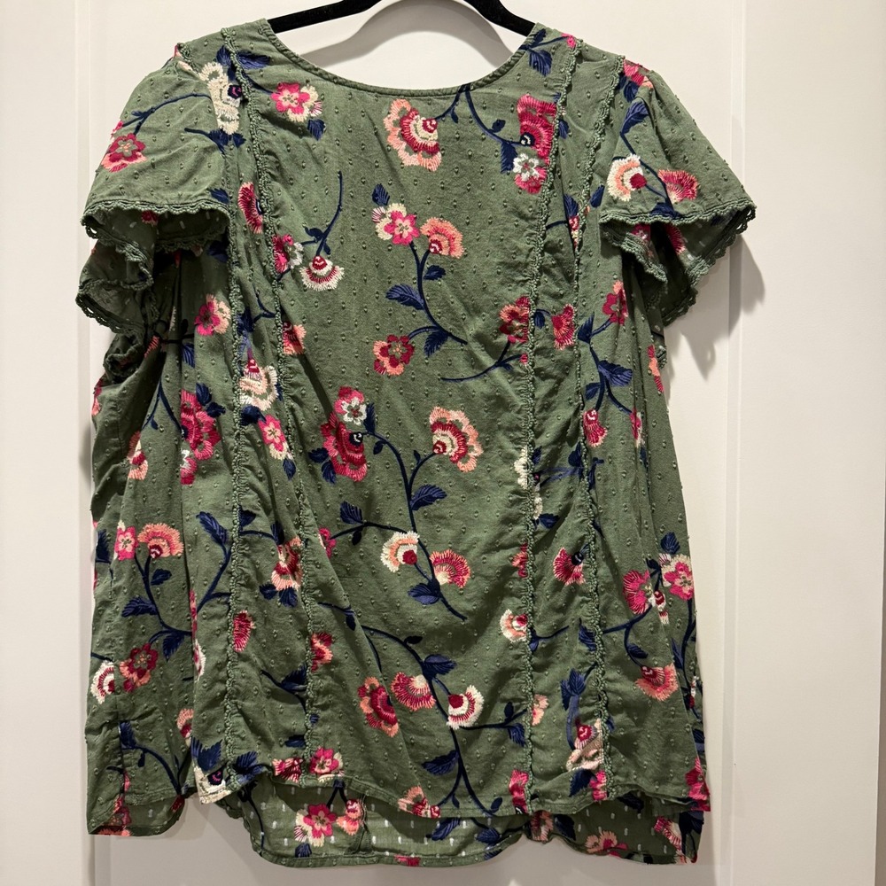 Cottagecore Boho Lane Bryant Embroidered Floral Flutter Sleeve Blouse 20